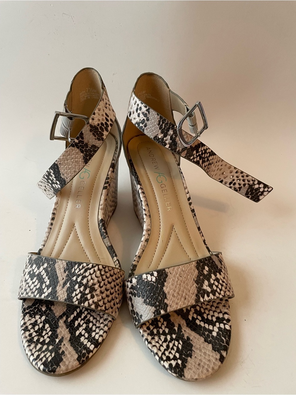 Andrew Geller Snake-Print Ankle Strap Wedge Heels in Beige and Black